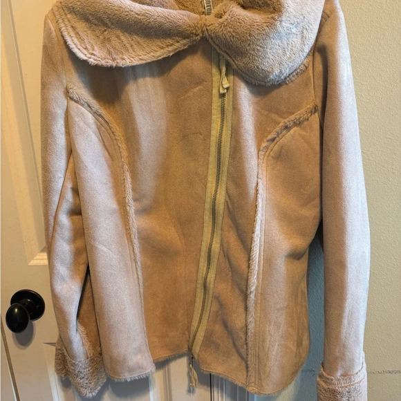Monoreno Faux Fur Suede Women’s Tan Jacket Fleece Lined Zipper Sz L - Picture 2 of 11